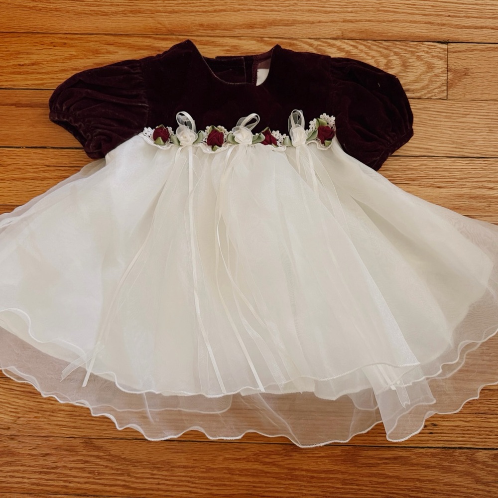 Rare Editions Velvet Bodice White Tulle Dress with Burgundy Rose Accents